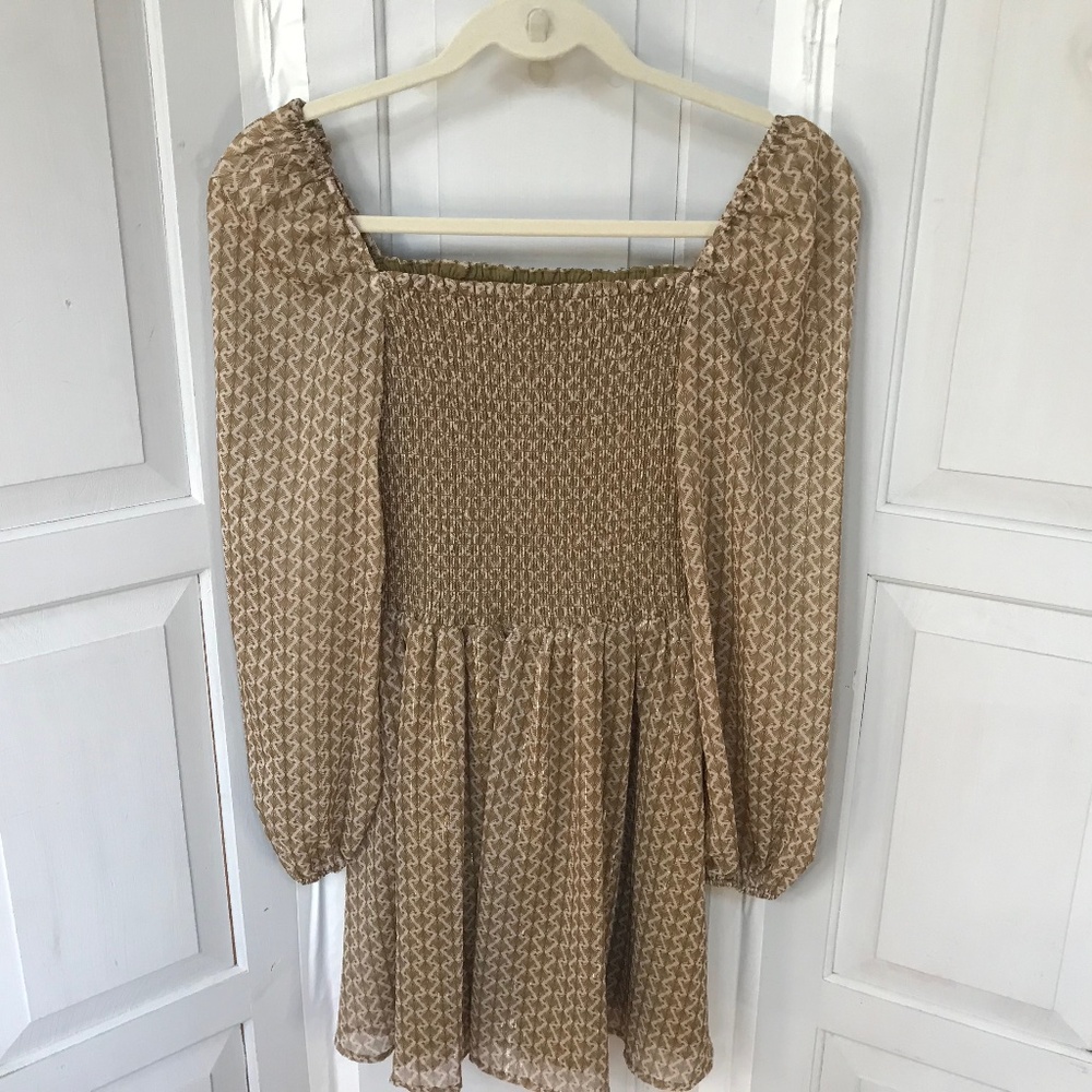 Kourt Calypso Smocked Tan & White Dress w/ Subtle Metallic Sparkle